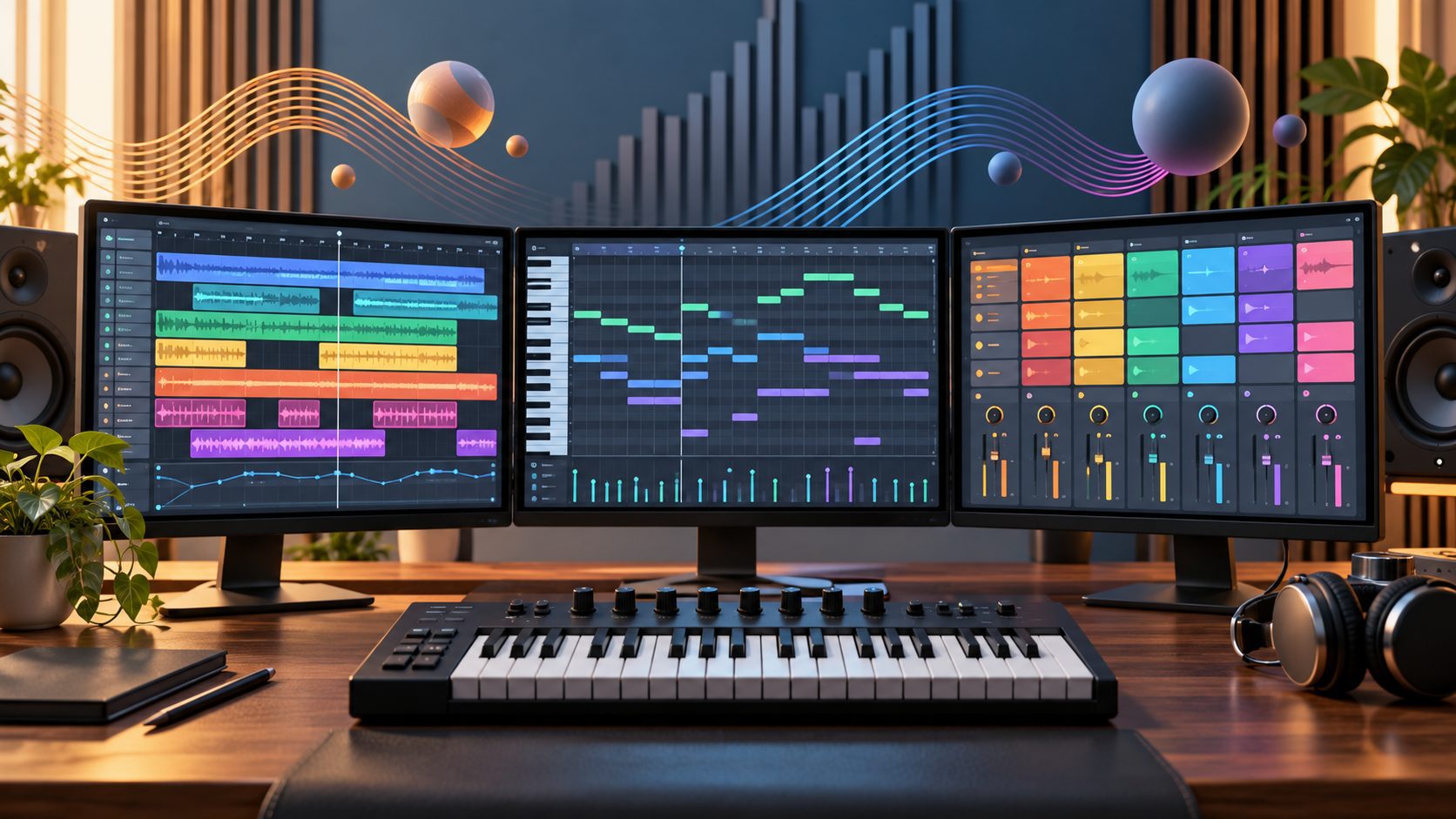 音声編集、ピアノロール、クリップ演奏を表した3台の制作画面とMIDIキーボード
