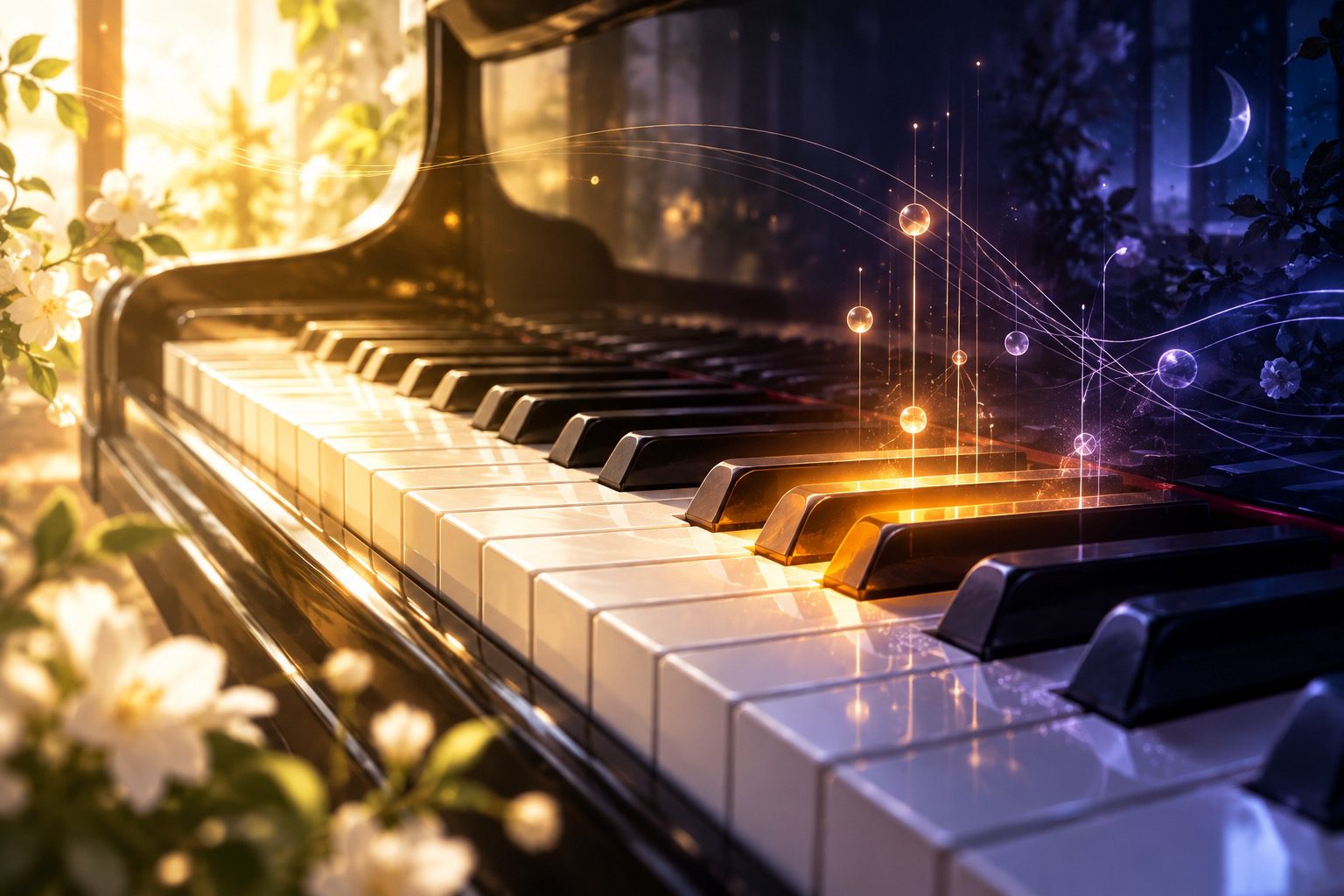 明るい鍵盤から青紫の陰へ変わる、借用和音で曲に陰りを加えるイメージ